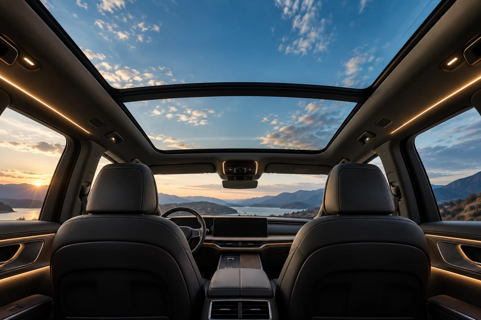 Illustrative automotive interior with panoramic glass sunroof