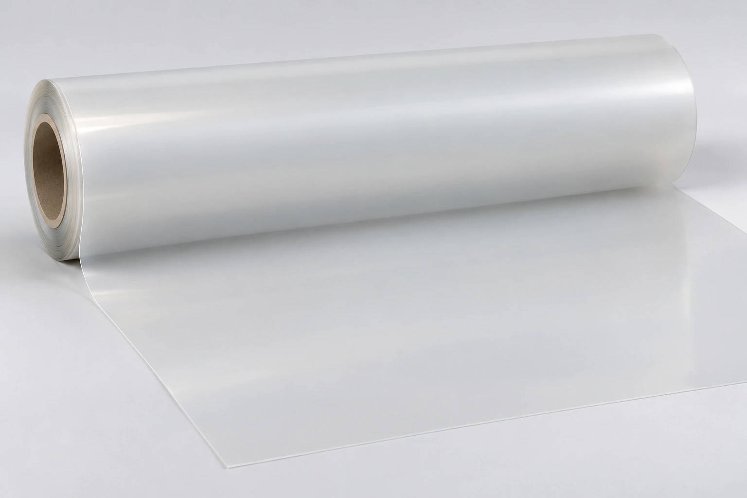 Illustration of non-adhesive PDLC film stock in a roll with a smooth unrolled sheet for glass lamination